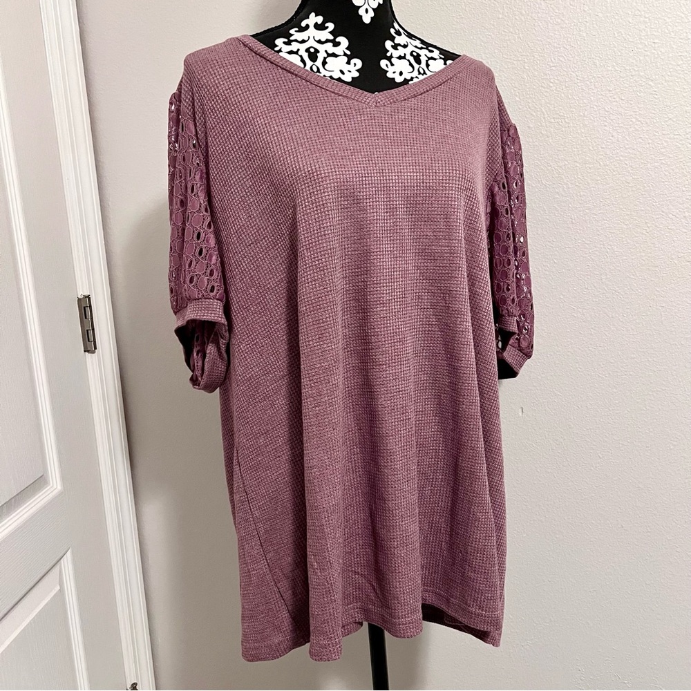 Olrik Women’s Plum Purple Waffle Knit Lace Sleeved Plus Size Top 3X